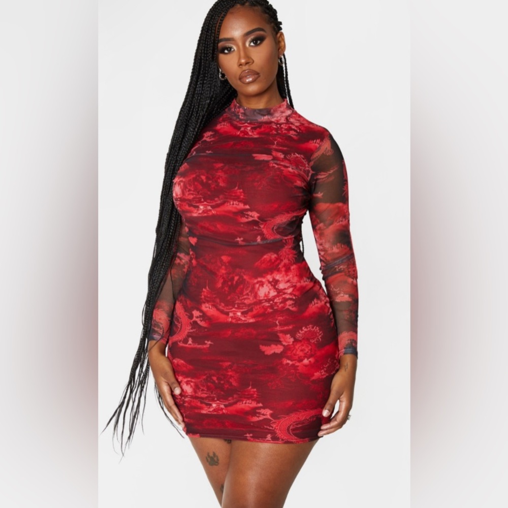 Prettylittlething (Shape) Red Printed High Neck M… - image 1